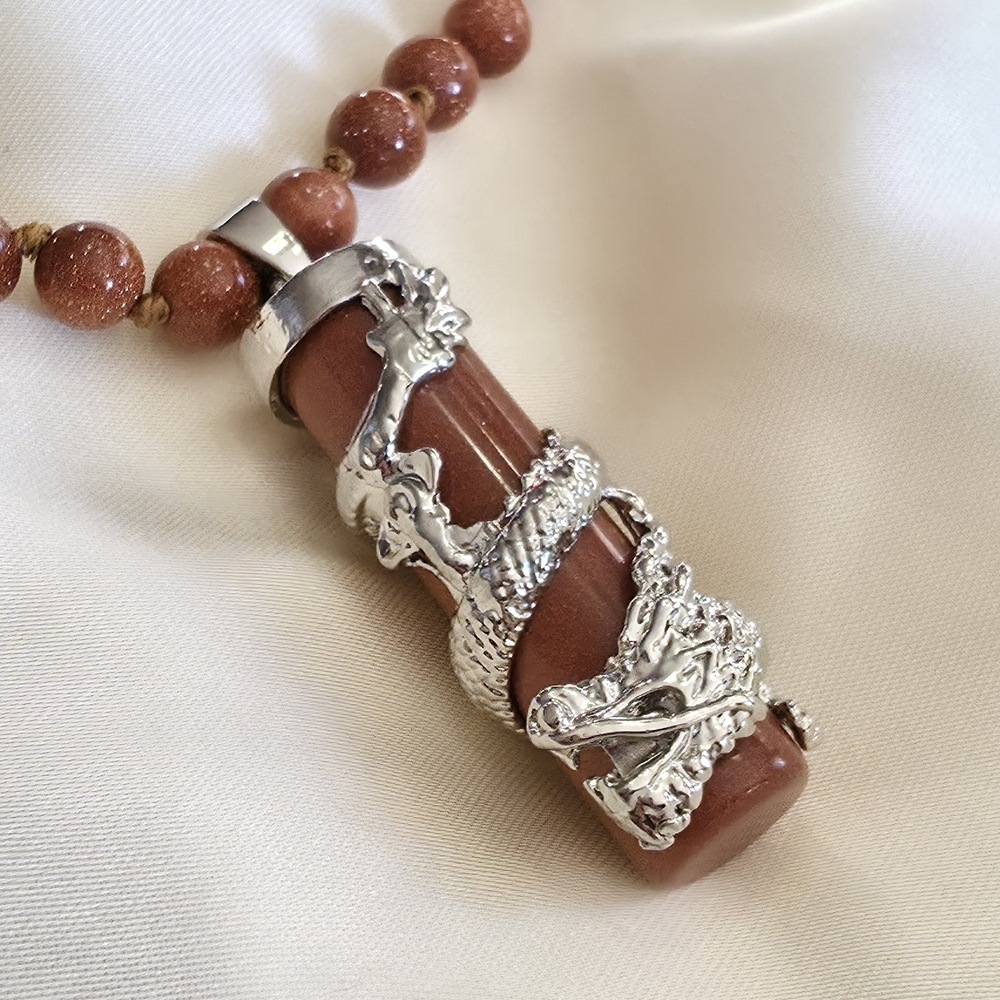 Goldatone, SS Beaded Necklace w/ Goldstone Dragon Scroll Silvertone Pendant